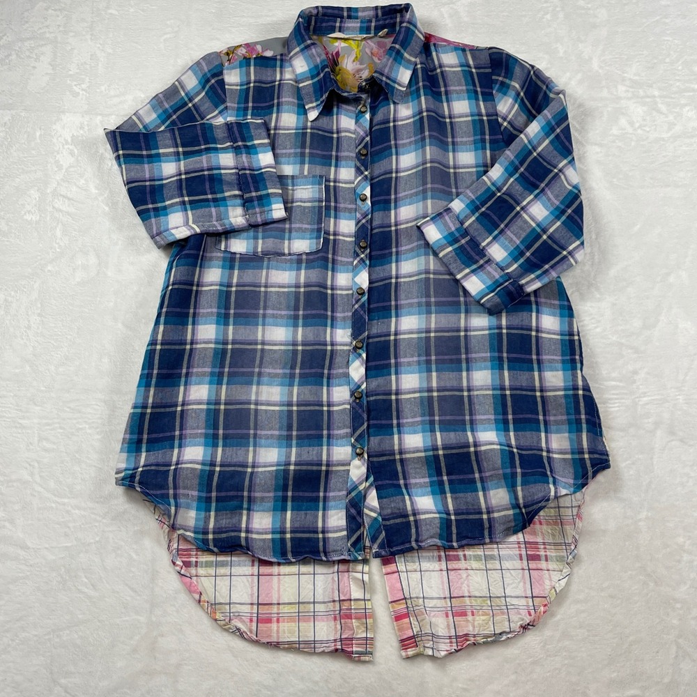 Soft‎ Surroundings Plaid Floral Embroidered Mesh Back Shirt Blue Pink Small Flaw - Picture 8 of 16